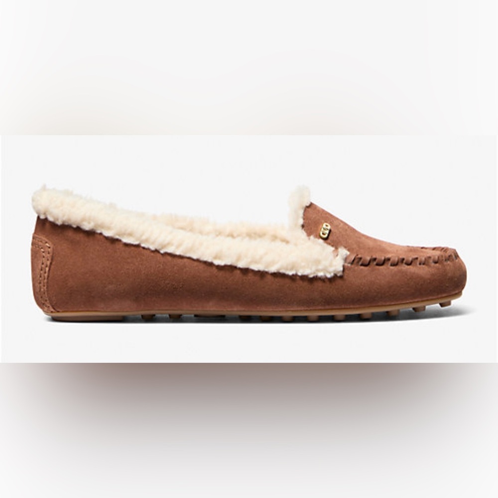 MICHAEL Michael Kors Brown Suede Moccasin Slippers with Cream Shearling Trim - Picture 2 of 8